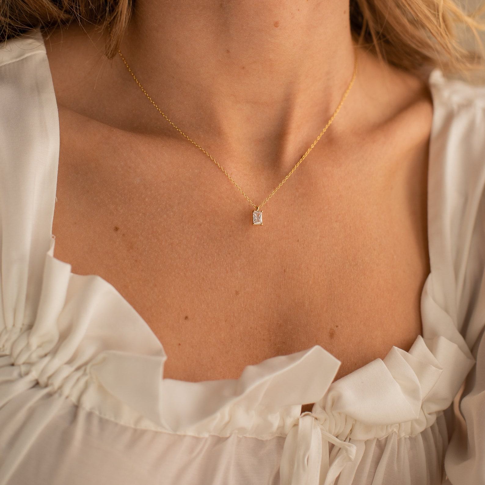 Caitlyn’s Minimalist Emerald Cut Diamond Necklace A Timeless Treasure for Bridesmaids and Beyond