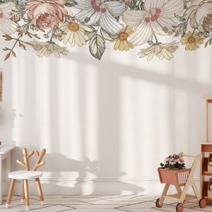 CAMILA Slim Wall Decal Border Vintage Floral Nursery with Removable Roses, Hibiscus, and Peonies