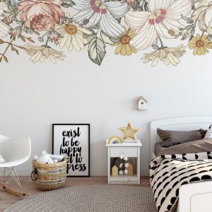 CAMILA Slim Wall Decal Border Vintage Floral Nursery with Removable Roses, Hibiscus, and Peonies