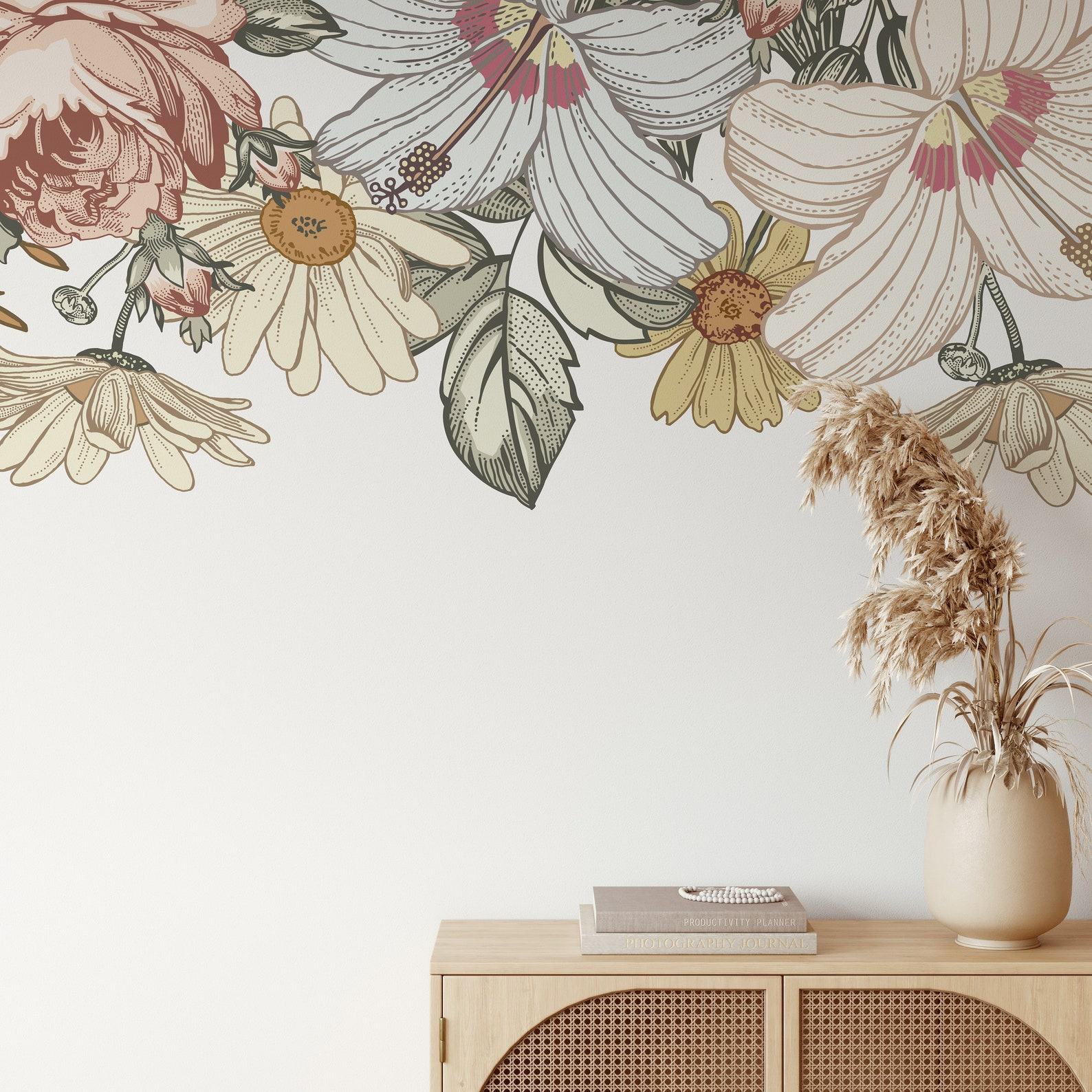 CAMILA Slim Wall Decal Border Vintage Floral Nursery with Removable Roses, Hibiscus, and Peonies