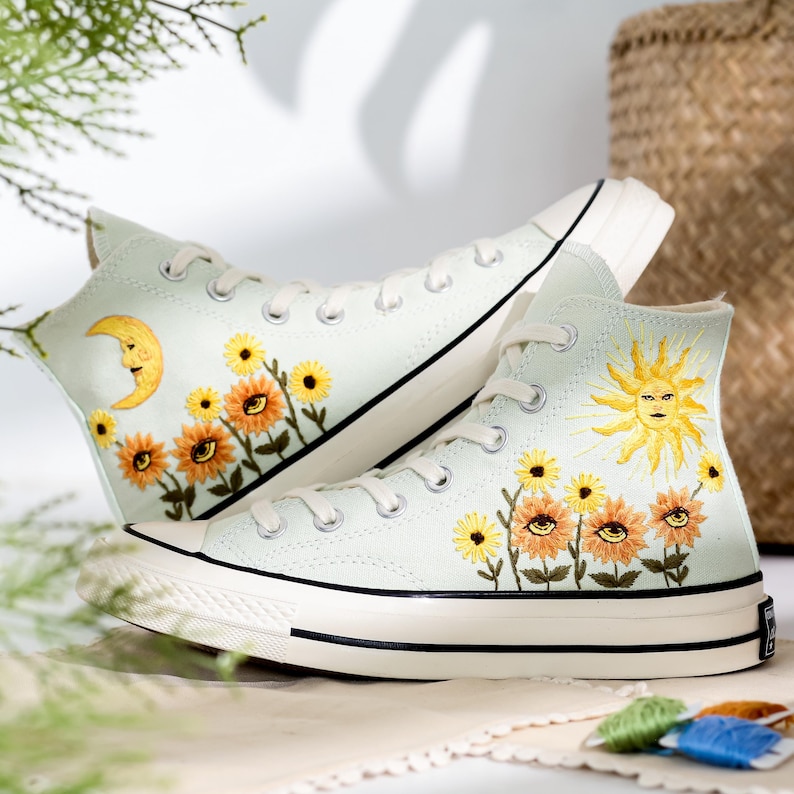 Captivating Custom Converse Embroidered Evil Eye Sunflowers for a Trendy Statement