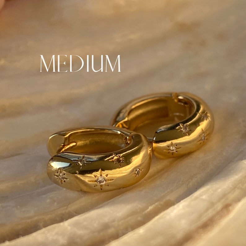 Celestial Chubby Hoops 18k Gold Plated Star Engraved Diamond Hoop Earrings