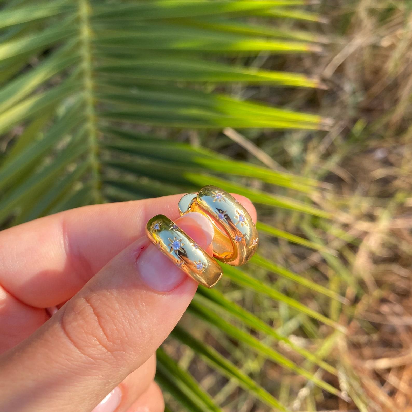 Celestial Chubby Hoops 18k Gold Plated Star Engraved Diamond Hoop Earrings