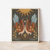Celestial Desert Tapestry Twin Roadrunners, Sun, and Globemallow Folk Art Print