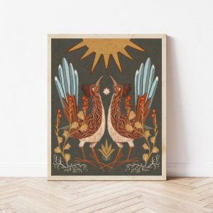 Celestial Desert Tapestry Twin Roadrunners, Sun, and Globemallow Folk Art Print