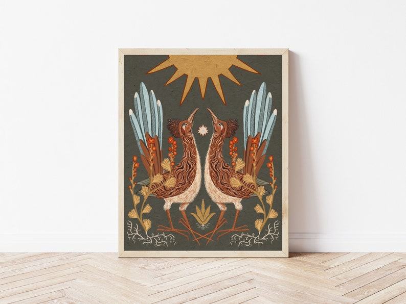 Celestial Desert Tapestry Twin Roadrunners, Sun, and Globemallow Folk Art Print