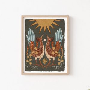 Celestial Desert Tapestry Twin Roadrunners, Sun, and Globemallow Folk Art Print