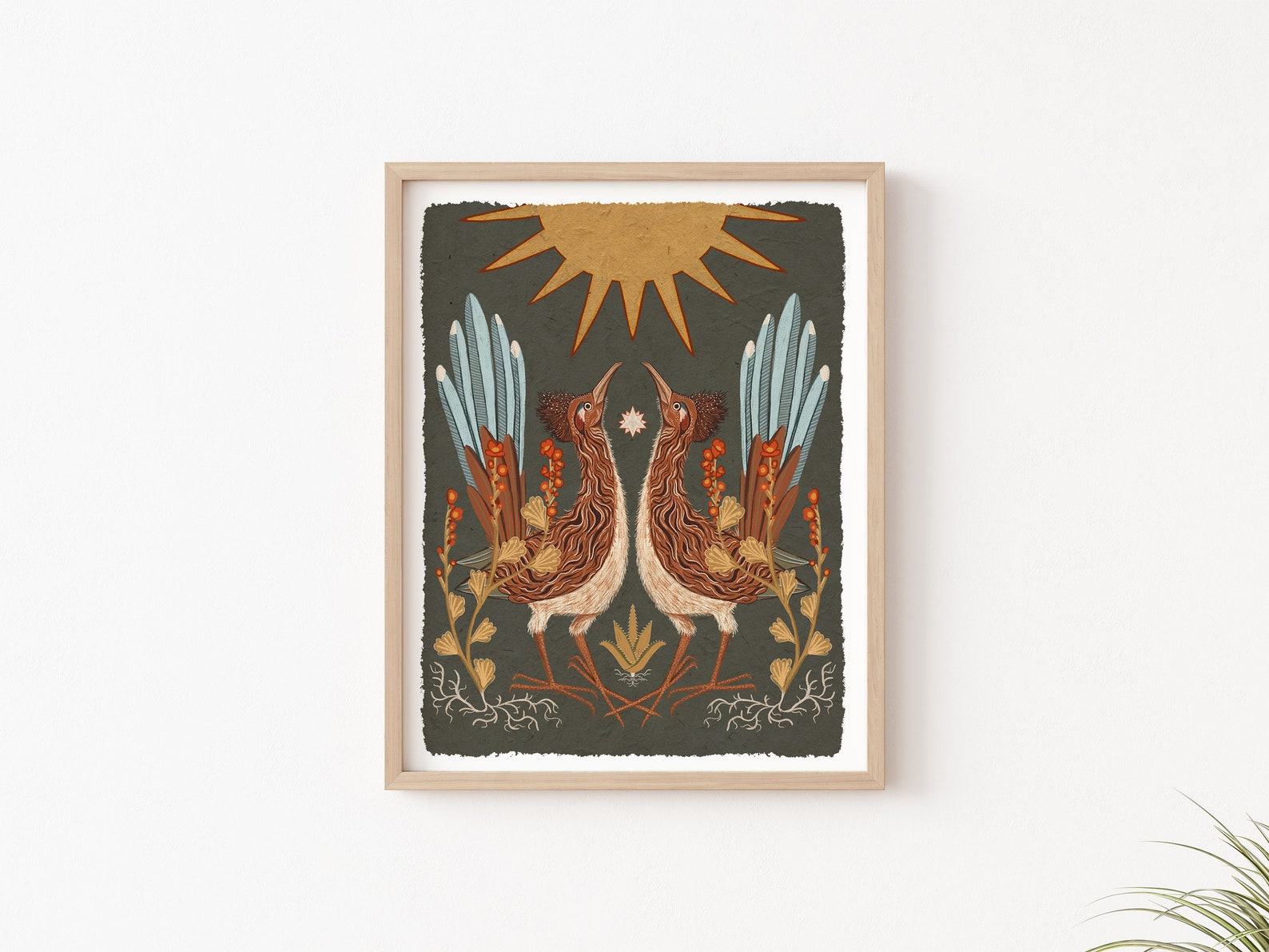 Celestial Desert Tapestry Twin Roadrunners, Sun, and Globemallow Folk Art Print - Image 3