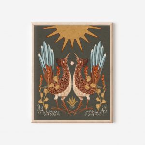 Celestial Desert Tapestry Twin Roadrunners, Sun, and Globemallow Folk Art Print