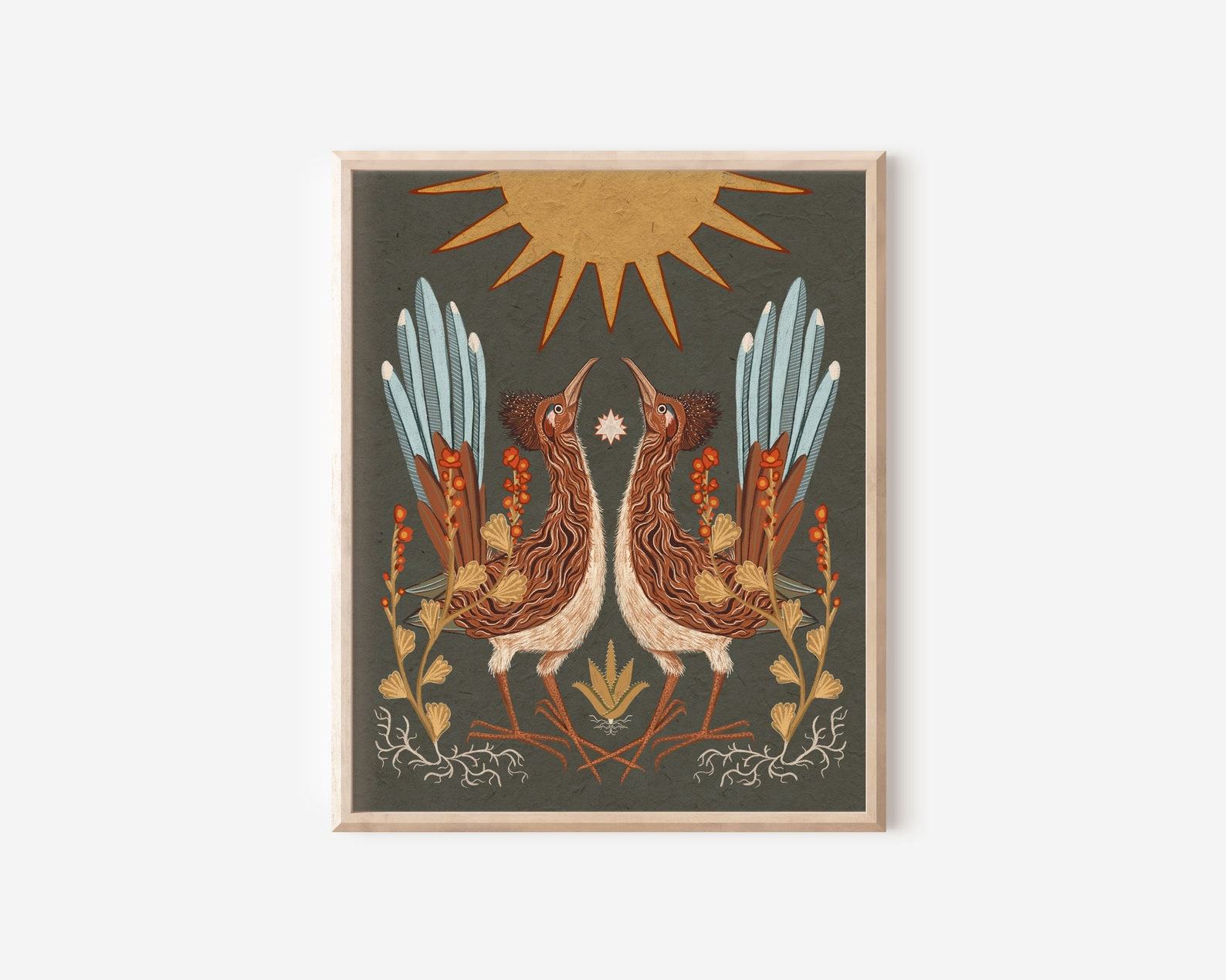 Celestial Desert Tapestry Twin Roadrunners, Sun, and Globemallow Folk Art Print - Image 2