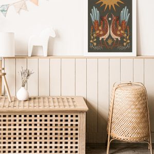 Celestial Desert Tapestry Twin Roadrunners, Sun, and Globemallow Folk Art Print