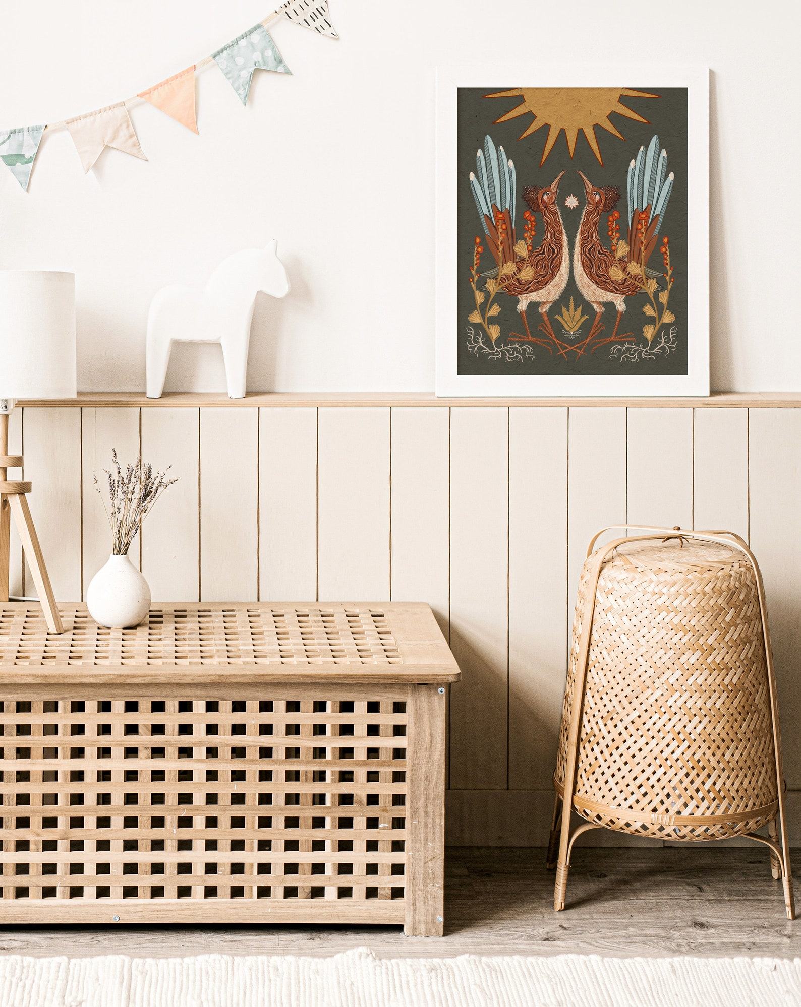 Celestial Desert Tapestry Twin Roadrunners, Sun, and Globemallow Folk Art Print - Image 4