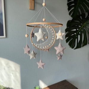 Celestial Dreams Moon and Star Macrame Crib Mobile for a Tranquil Nursery