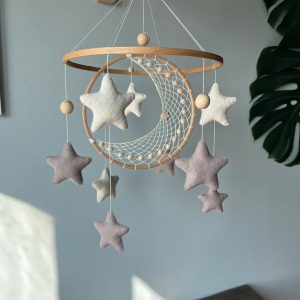Celestial Dreams Moon and Star Macrame Crib Mobile for a Tranquil Nursery