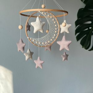 Celestial Dreams Moon and Star Macrame Crib Mobile for a Tranquil Nursery