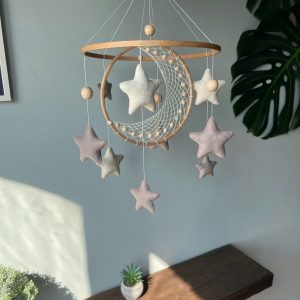 Celestial Dreams Moon and Star Macrame Crib Mobile for a Tranquil Nursery