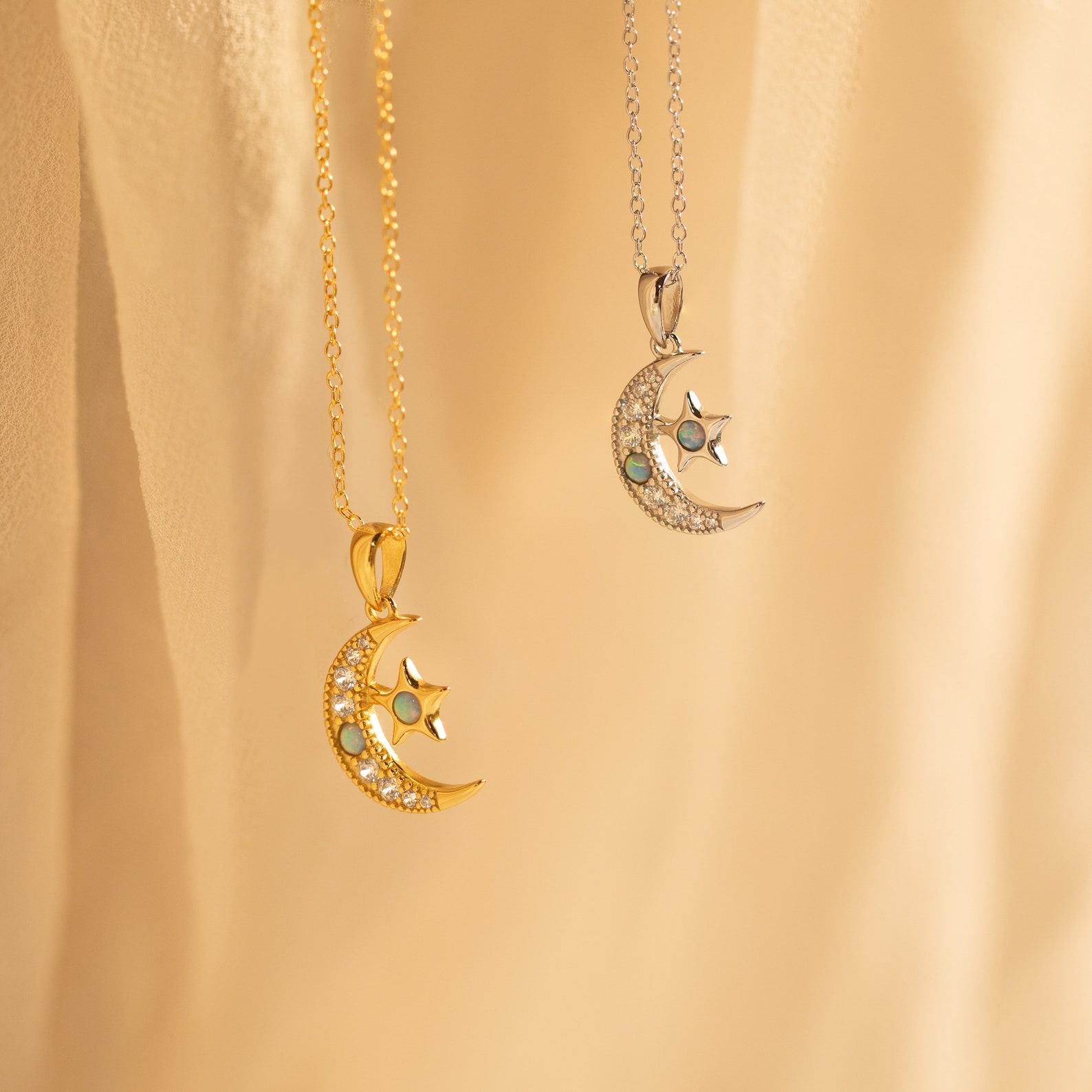 Celestial Pendant Necklace Set Minimalist Opal Jewelry by Caitlyn