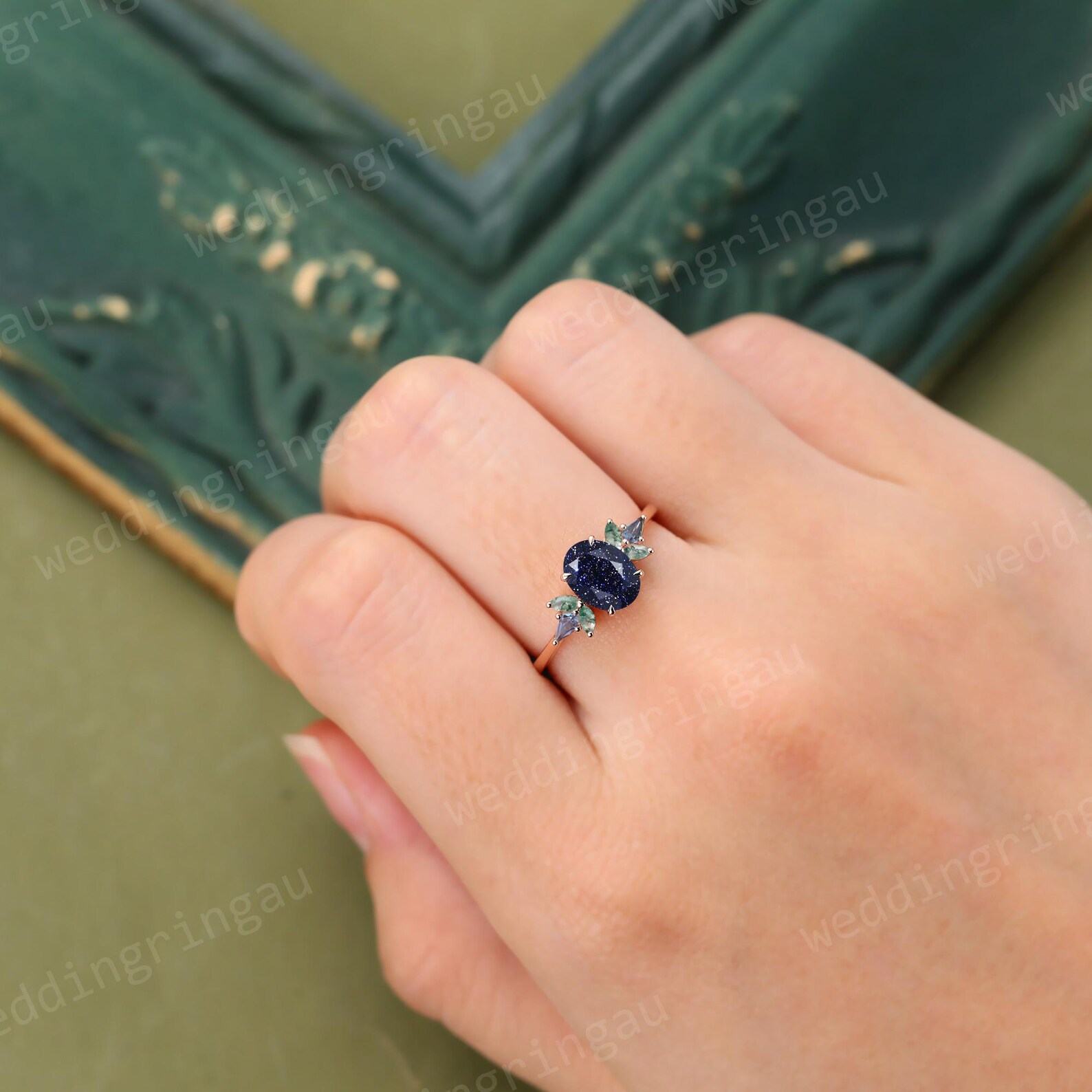 Celestial Symphony Oval Blue Sandstone, Marquise Moss Agate, and Alexandrite Galaxy Rings in Rose Gold