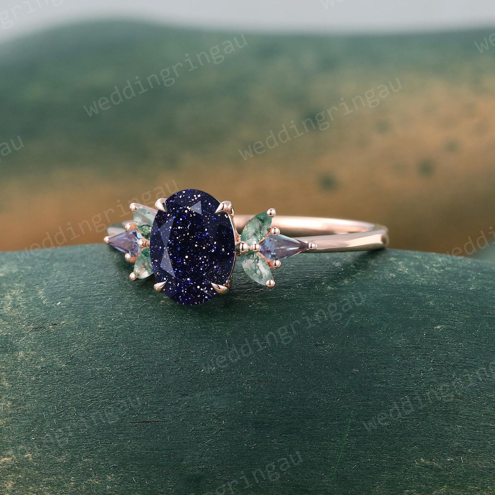 Celestial Symphony Oval Blue Sandstone, Marquise Moss Agate, and Alexandrite Galaxy Rings in Rose Gold