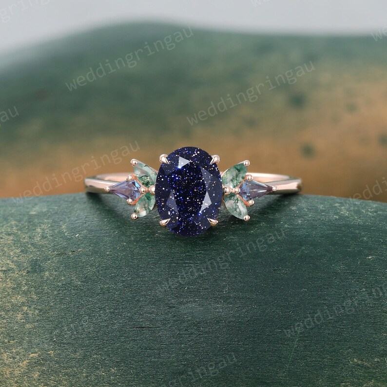 Celestial Symphony Oval Blue Sandstone, Marquise Moss Agate, and Alexandrite Galaxy Rings in Rose Gold