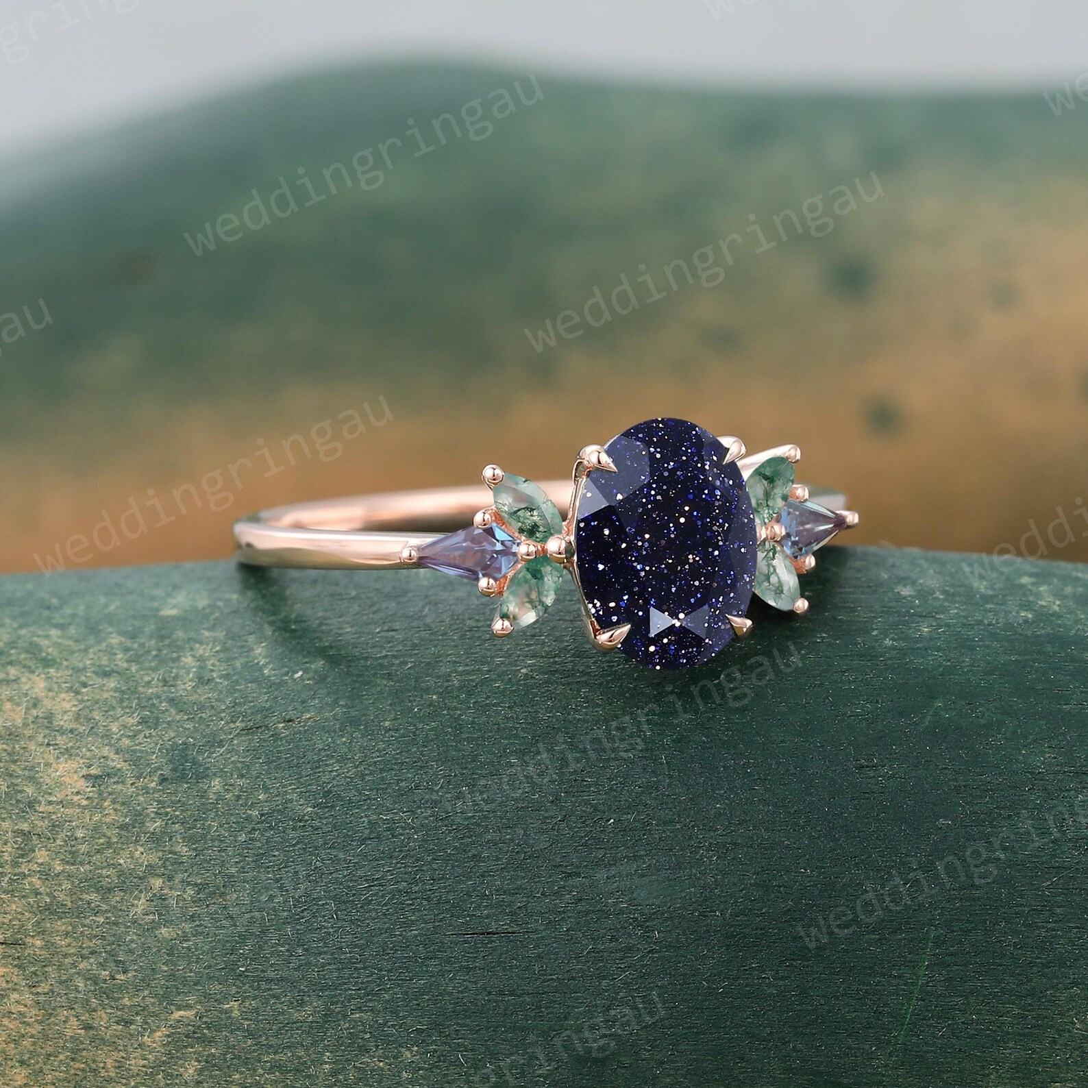 Celestial Symphony Oval Blue Sandstone, Marquise Moss Agate, and Alexandrite Galaxy Rings in Rose Gold