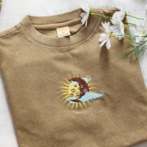 Celestial Tapestry Embroidered Sun and Moon T-shirt for Bohemian Souls
