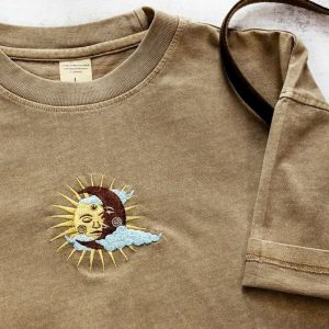 Celestial Tapestry Embroidered Sun and Moon T-shirt for Bohemian Souls