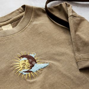 Celestial Tapestry Embroidered Sun and Moon T-shirt for Bohemian Souls