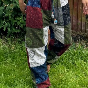 Celestial Tapestry Trousers Eco-Conscious Hippie Pants with Sun, Moon, and Mushroom Motifs