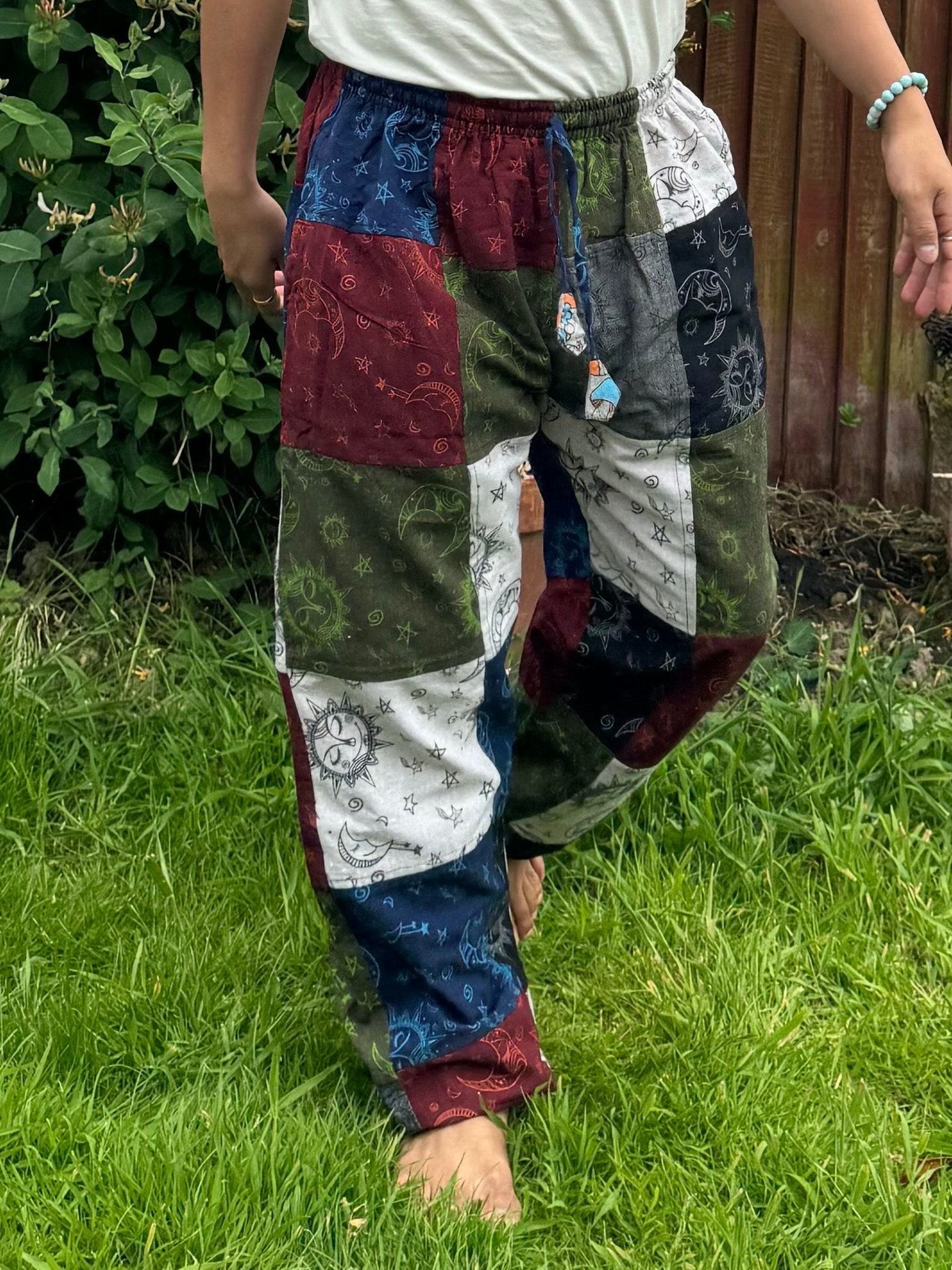Celestial Tapestry Trousers Eco-Conscious Hippie Pants with Sun, Moon, and Mushroom Motifs - Image 4