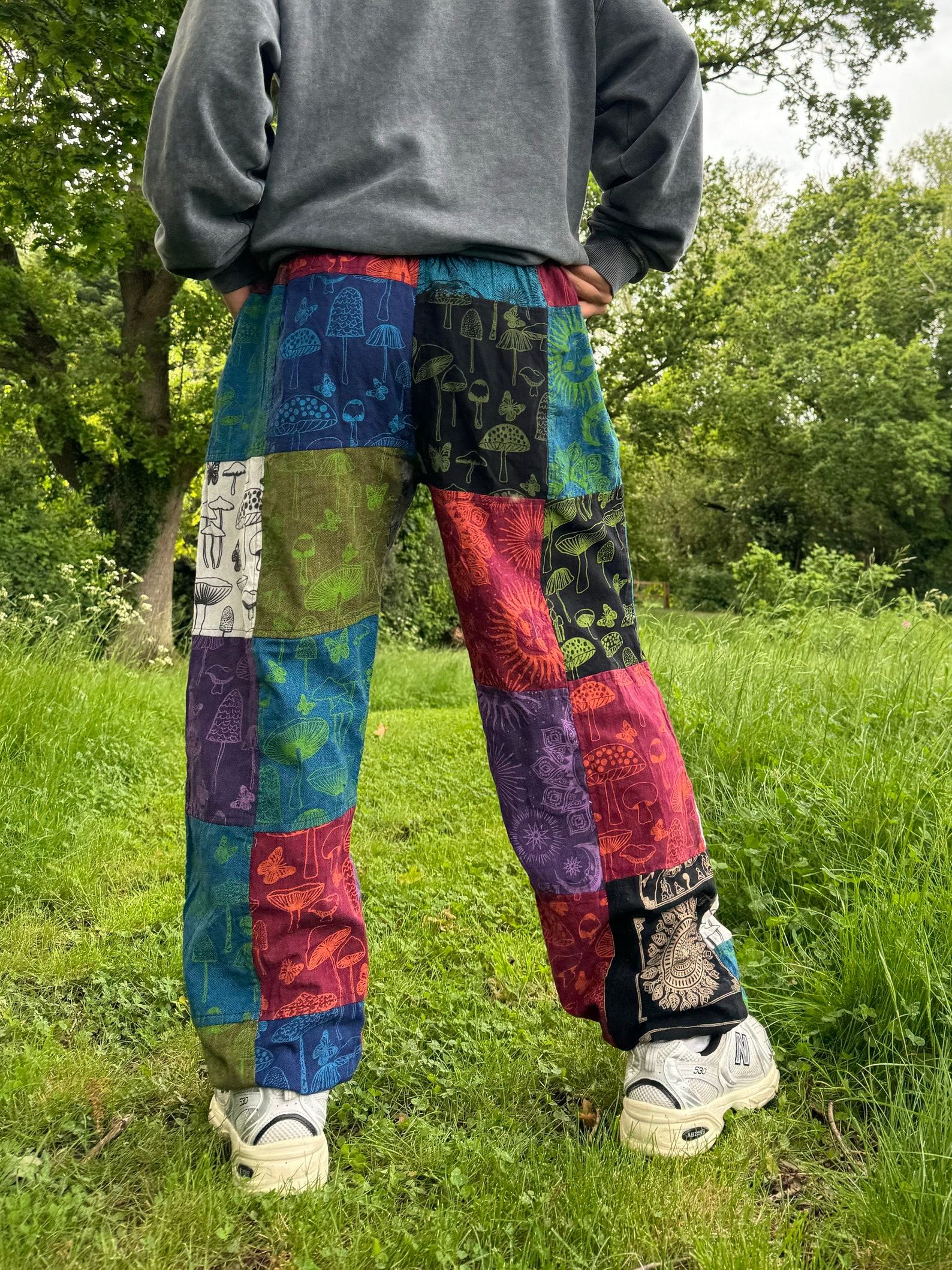 Celestial Tapestry Trousers Eco-Conscious Hippie Pants with Sun, Moon, and Mushroom Motifs - Image 2