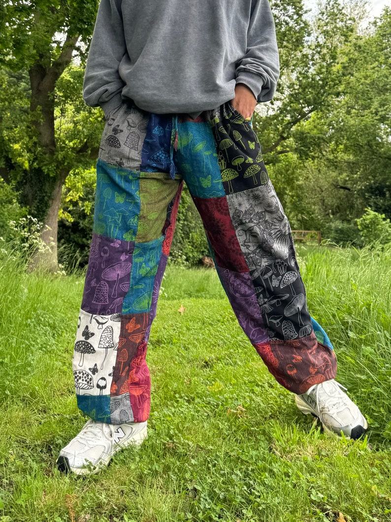 Celestial Tapestry Trousers Eco-Conscious Hippie Pants with Sun, Moon, and Mushroom Motifs