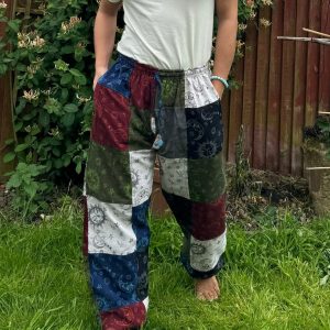 Celestial Tapestry Trousers Eco-Conscious Hippie Pants with Sun, Moon, and Mushroom Motifs