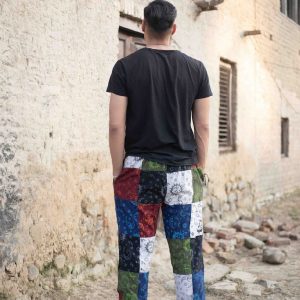 Celestial Tapestry Trousers Eco-Conscious Hippie Pants with Sun, Moon, and Mushroom Motifs