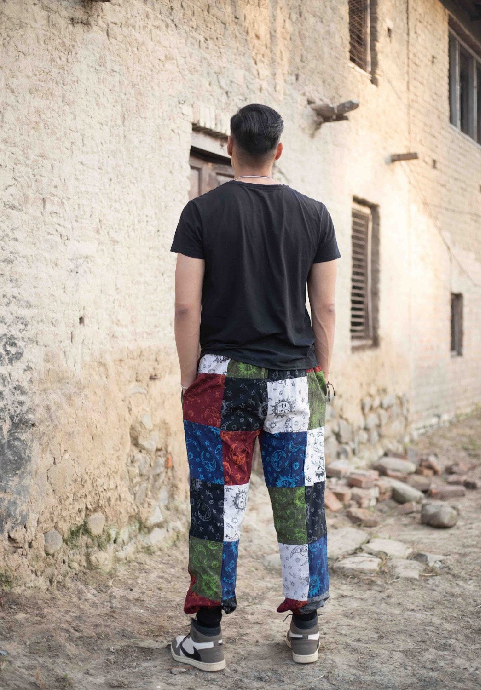 Celestial Tapestry Trousers Eco-Conscious Hippie Pants with Sun, Moon, and Mushroom Motifs - Image 5