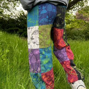 Celestial Tapestry Trousers Eco-Conscious Hippie Pants with Sun, Moon, and Mushroom Motifs