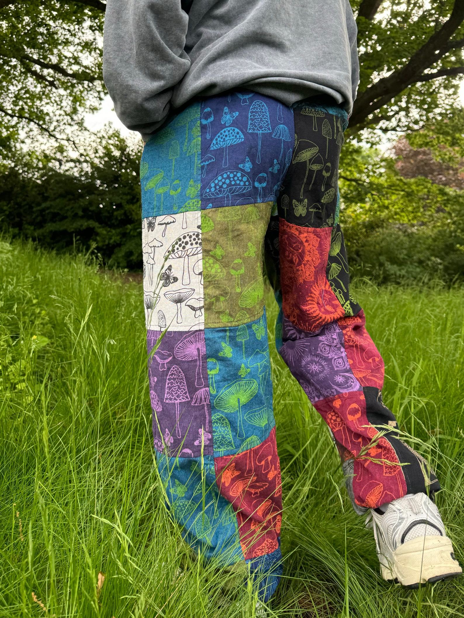 Celestial Tapestry Trousers Eco-Conscious Hippie Pants with Sun, Moon, and Mushroom Motifs - Image 6