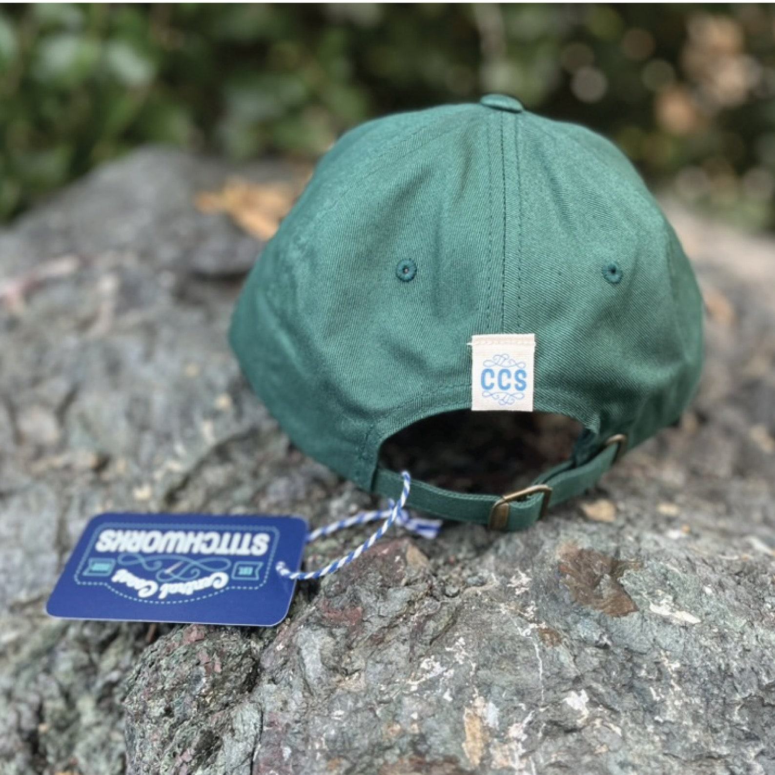 Chainstitched San Luis Obispo SLO Design Patch Cotton Twill Dad Hat Cap – Dark Forest Green with Gold and Ivory | Central Coast CA