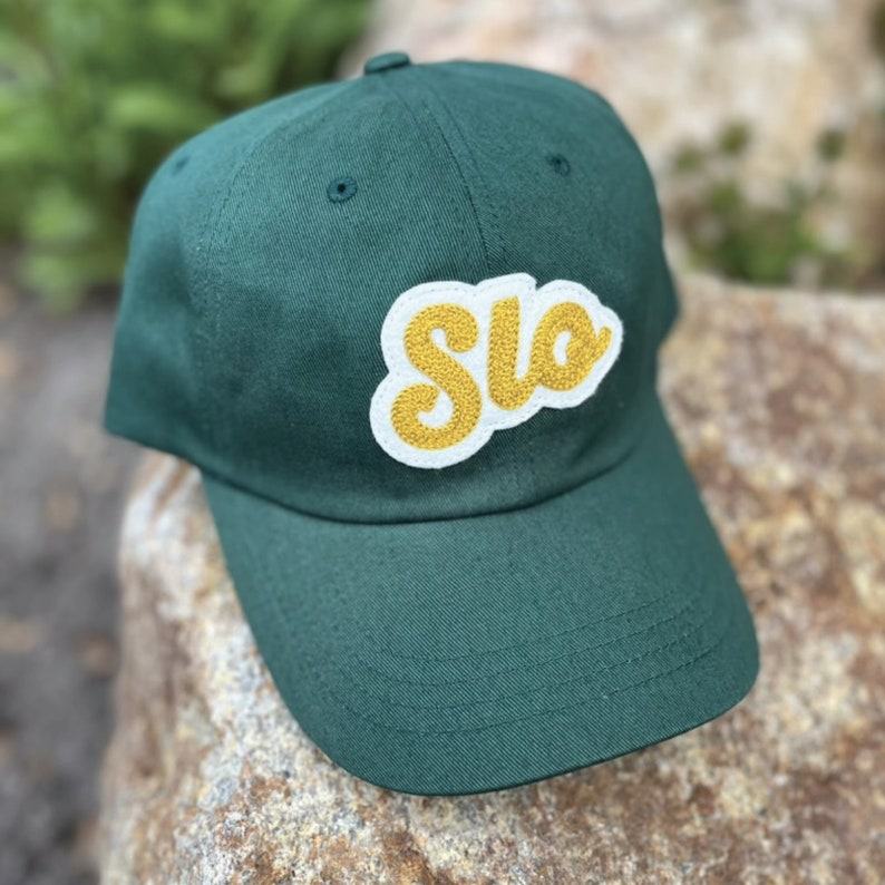 Chainstitched San Luis Obispo SLO Design Patch Cotton Twill Dad Hat Cap – Dark Forest Green with Gold and Ivory | Central Coast CA
