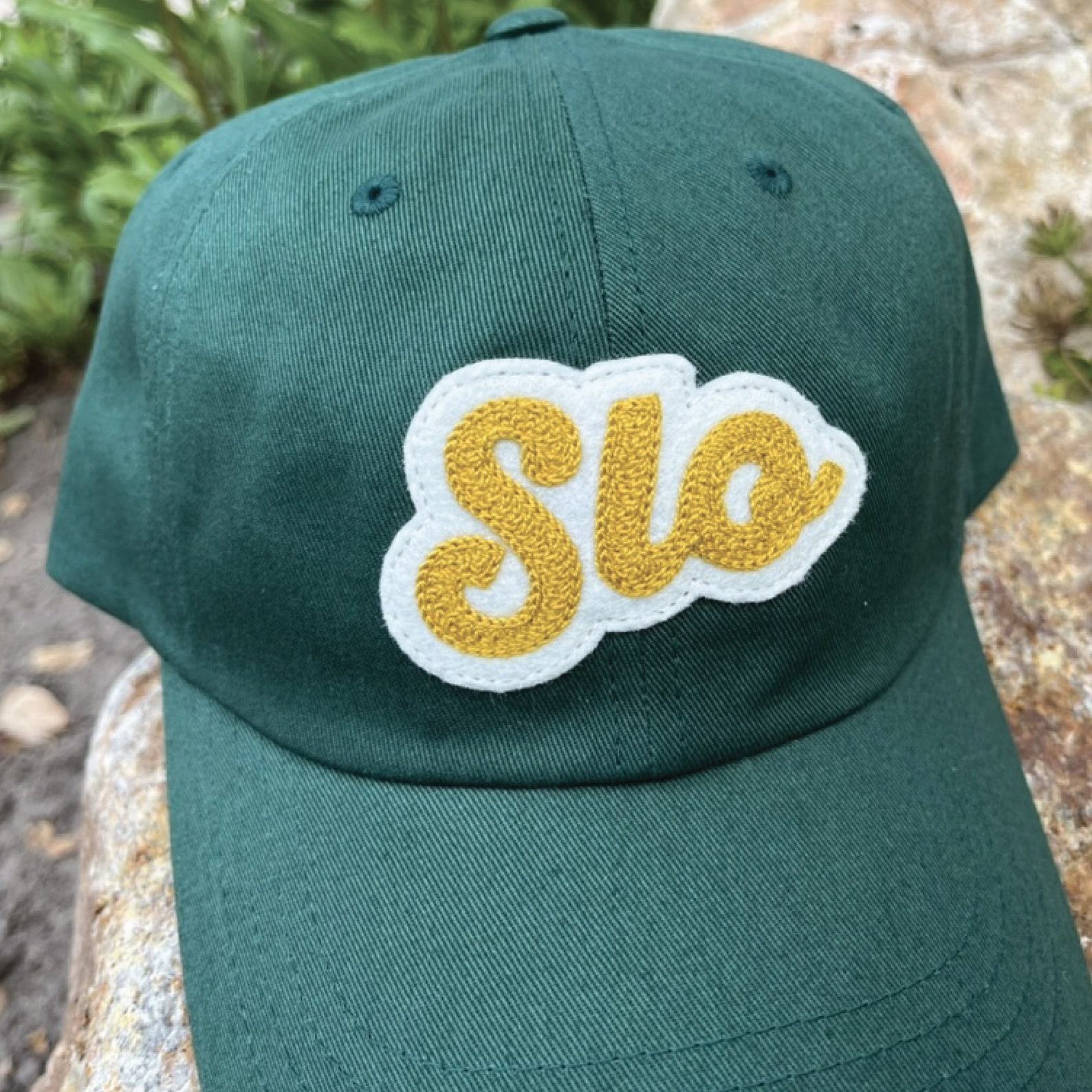 Chainstitched San Luis Obispo SLO Design Patch Cotton Twill Dad Hat Cap – Dark Forest Green with Gold and Ivory | Central Coast CA