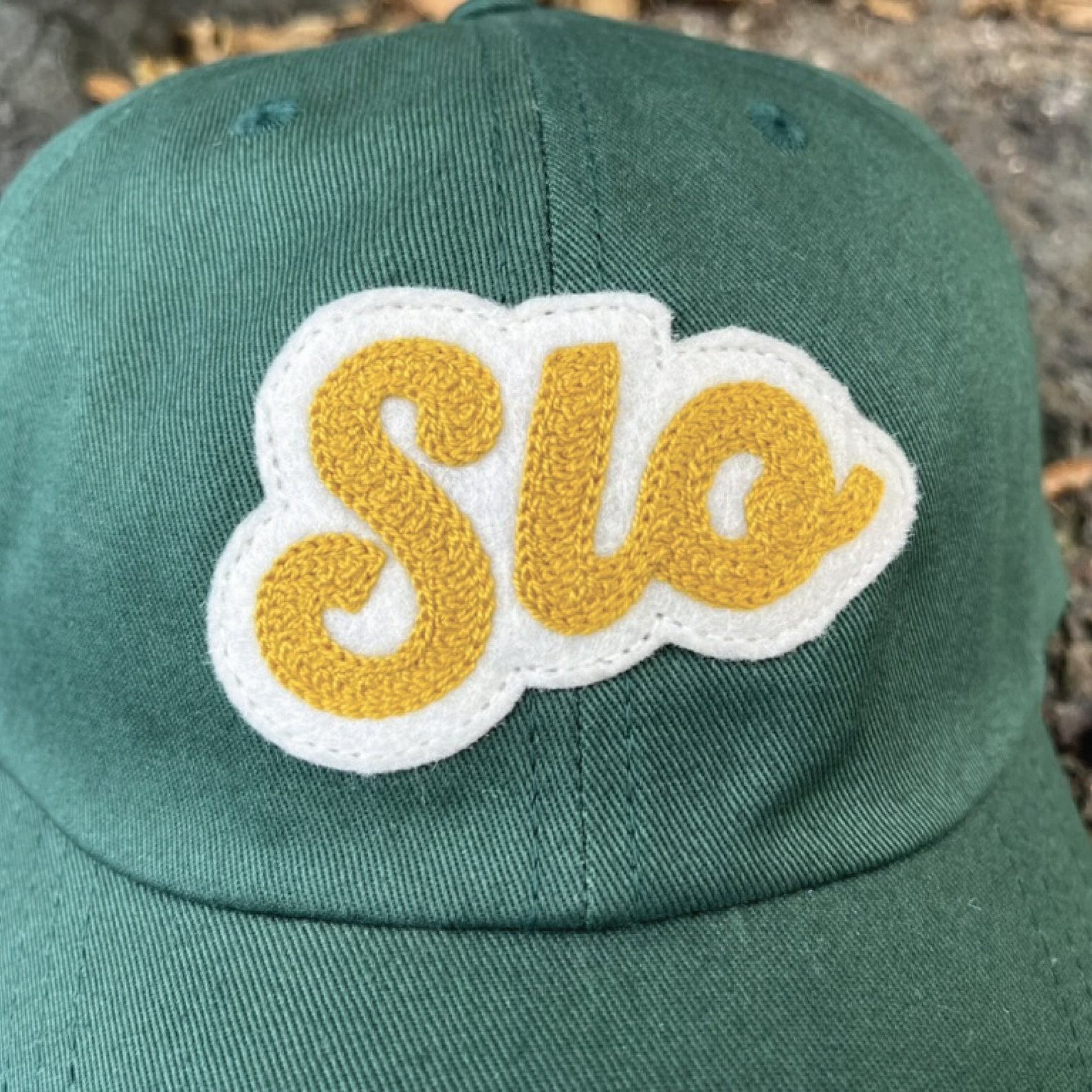 Chainstitched San Luis Obispo SLO Design Patch Cotton Twill Dad Hat Cap – Dark Forest Green with Gold and Ivory | Central Coast CA