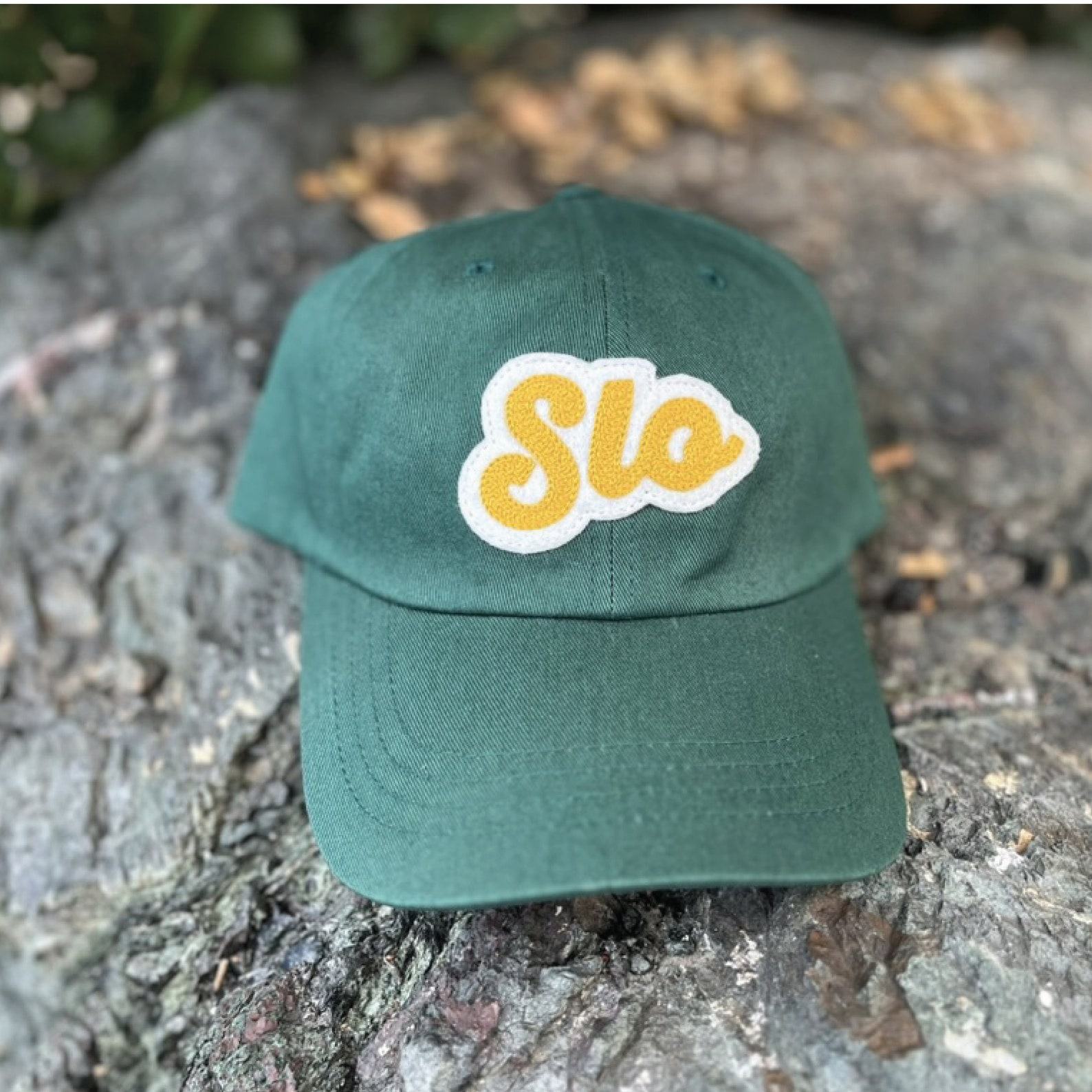 Chainstitched San Luis Obispo SLO Design Patch Cotton Twill Dad Hat Cap – Dark Forest Green with Gold and Ivory | Central Coast CA