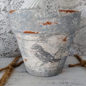 Charming French Country Bird Planter Rustic Songbird in Terracotta, Blue, Gray, and White Distressed Clay Pot