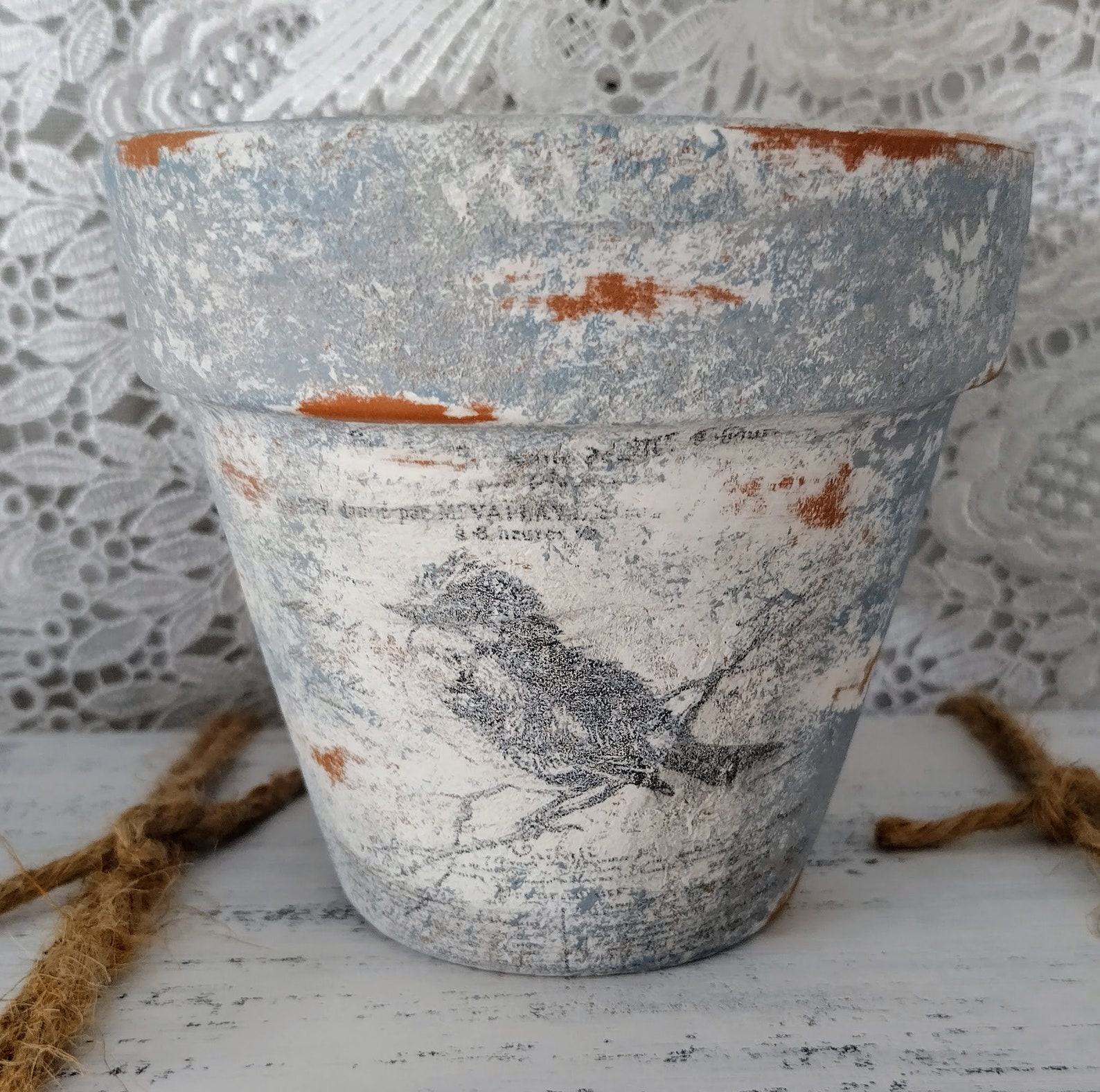 Charming French Country Bird Planter Rustic Songbird in Terracotta, Blue, Gray, and White Distressed Clay Pot - Image 3