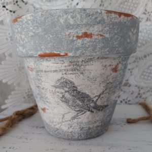 Charming French Country Bird Planter Rustic Songbird in Terracotta, Blue, Gray, and White Distressed Clay Pot