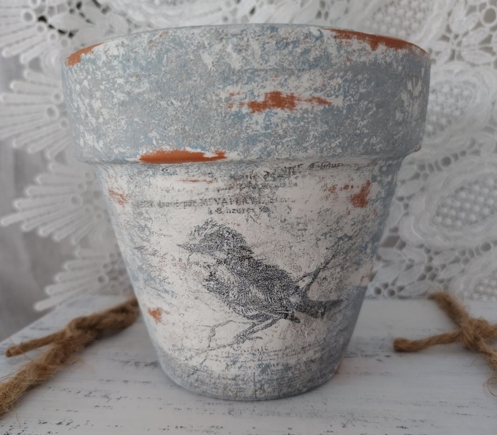 Charming French Country Bird Planter Rustic Songbird in Terracotta, Blue, Gray, and White Distressed Clay Pot - Image 2