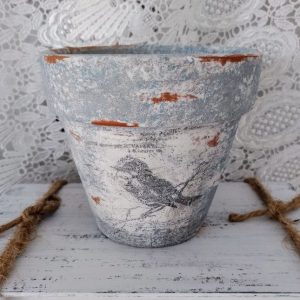 Charming French Country Bird Planter Rustic Songbird in Terracotta, Blue, Gray, and White Distressed Clay Pot