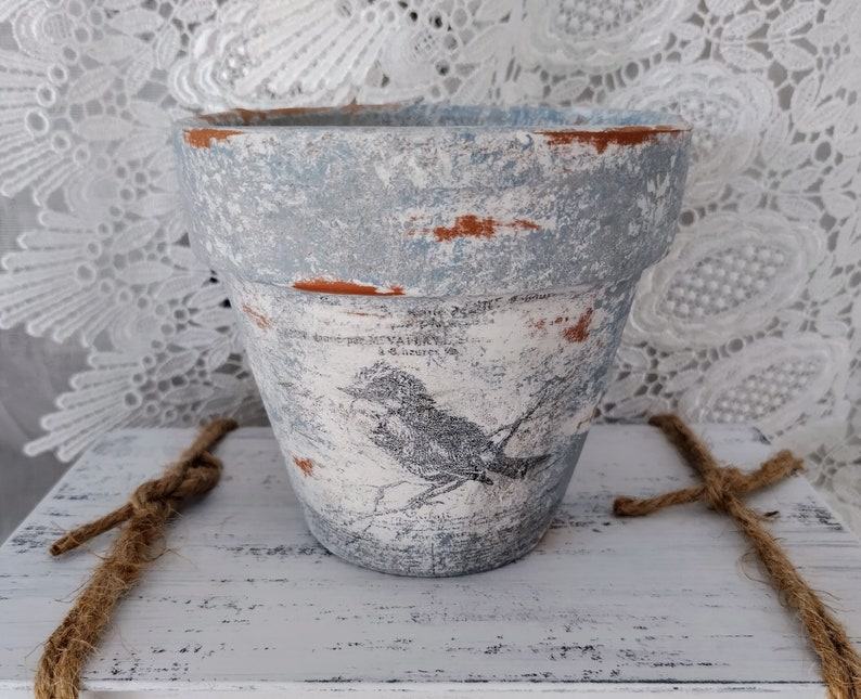 Charming French Country Bird Planter Rustic Songbird in Terracotta, Blue, Gray, and White Distressed Clay Pot
