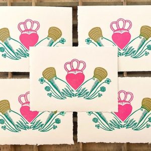 Claddagh Linocut Print Heart in Hands | Irish Love, Loyalty, Friendship | Handmade Relief Print for Good Luck