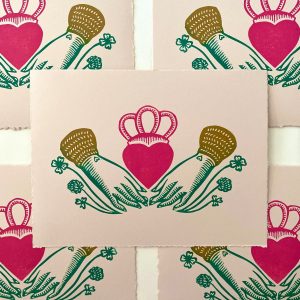 Claddagh Linocut Print Heart in Hands | Irish Love, Loyalty, Friendship | Handmade Relief Print for Good Luck
